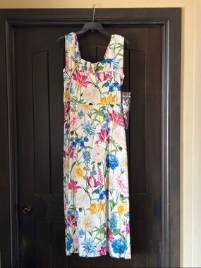 Anne Klein White Floral Midi Dress with Pink, Blue & Yellow Blooms